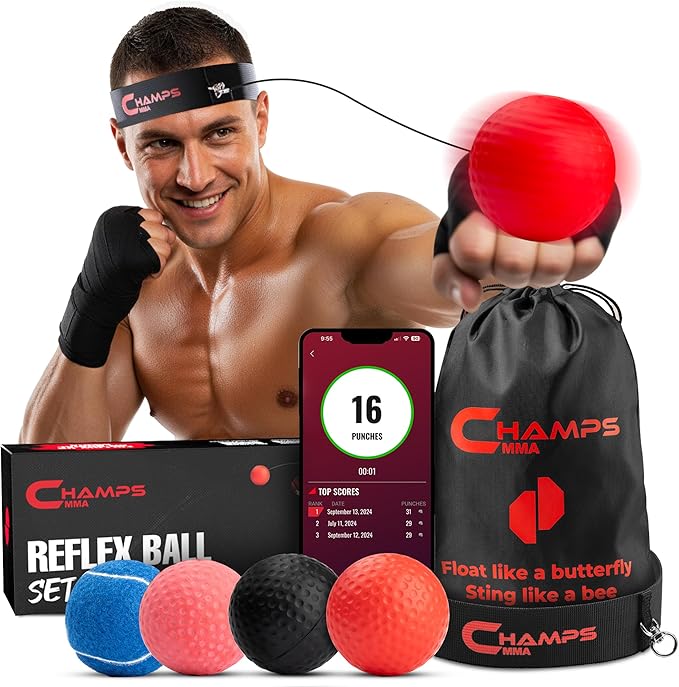 Champs MMA Boxing Reflex Ball Set with Punch Counter App | 4 Balls with Varying Weights, Headband & 4 Spare Strings to Imp...