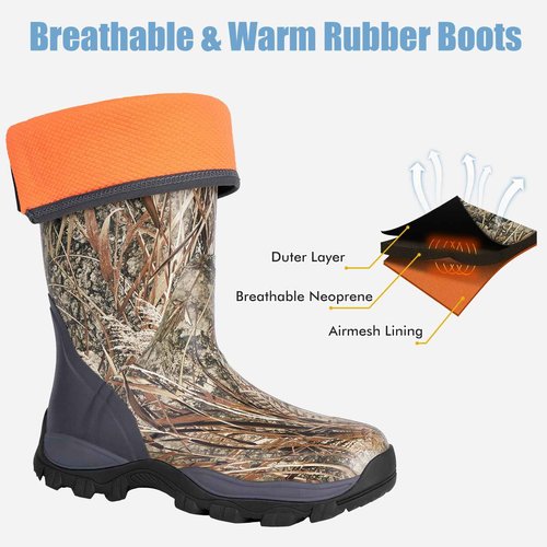 Trudave Hunting Boots for Men, Waterproof Rubber Boots with Steel Shank, 5mm Neoprene Camo Insulated Outdoor Hunting Boots, Real Reed, Size 6