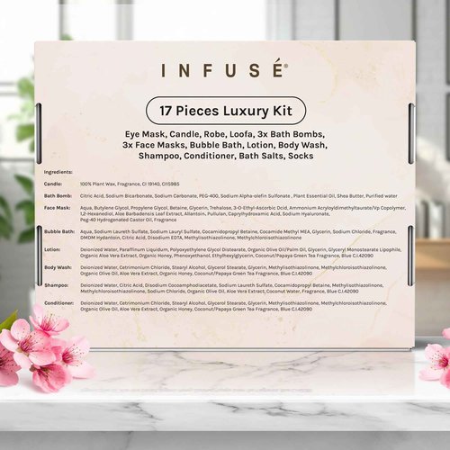17-Piece Luxury Gift Set with Robe | Complete INFUSÉ White Tea & Coconut Bath Collection | Self-Care Kit with Bath Bombs, Face Masks & Hair Care | Bridesmaid, Mom, Wife, Grandma or Loved Ones