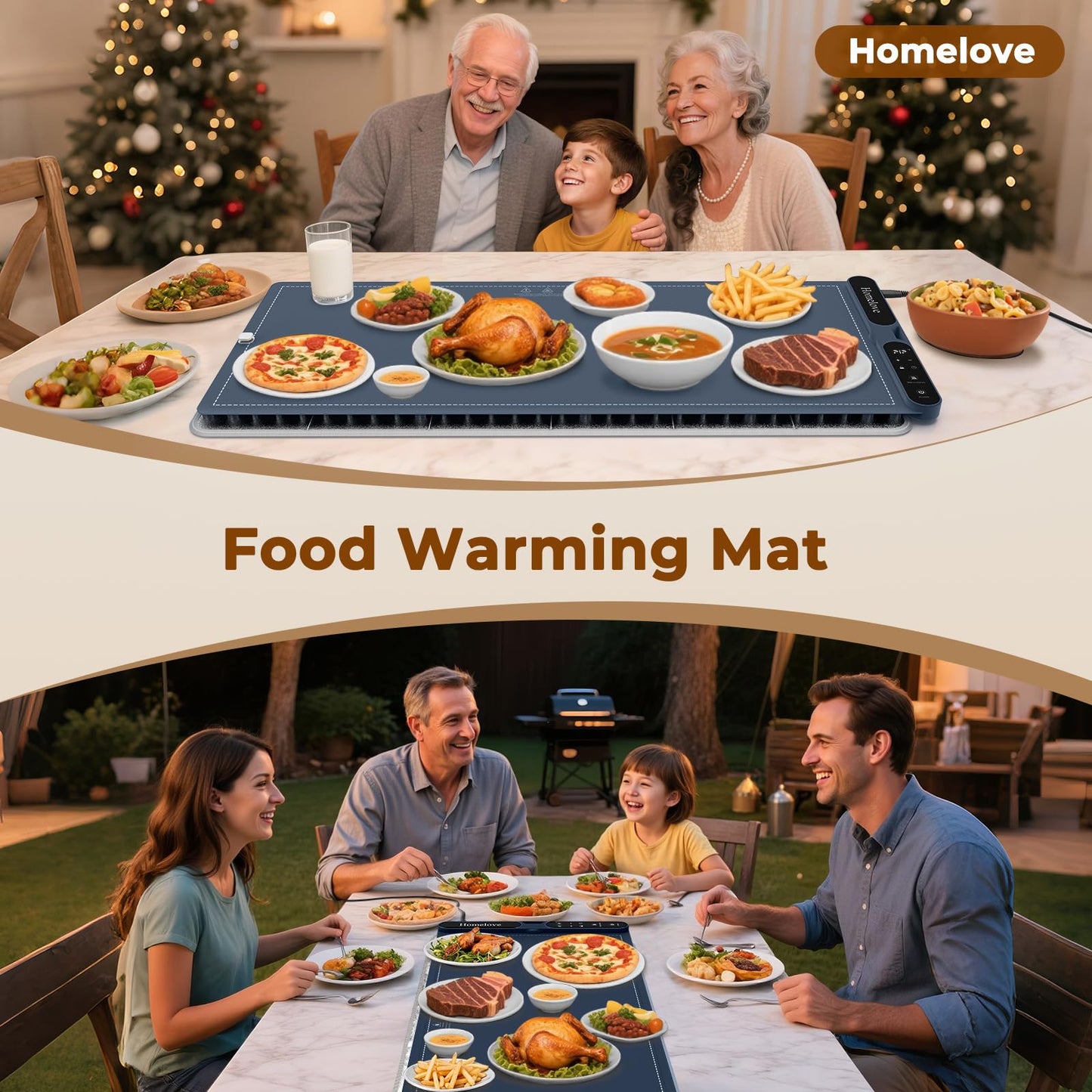 Homelove Warming Mat for Food - Fast Full Surface Electric Warming Tray with 7 Temp-Settings & 8H Timer, Portable Roll Up Food Warmer with Heat Insulation Pad for Gatherings Parties Buffet XXL-Navy