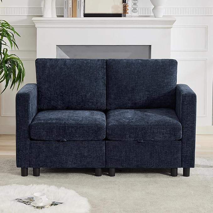 WUTUTUEE 58'' Modular Sectional Loveseat Sofa, Modern Love Seat 2 Seater Sofa Couch with Storage, Chenille Modular Sectional Couch for Living Room, Bedroom, Office, Small Apartment, Navy