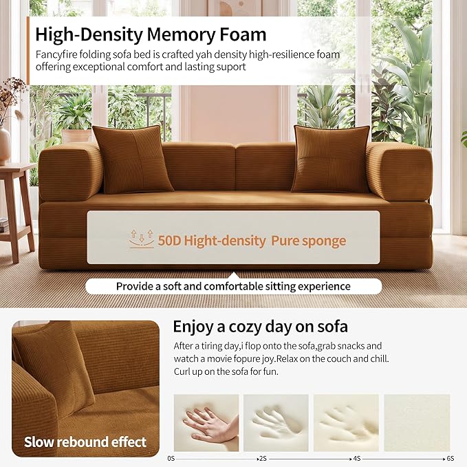 Fancyfire 78.8" Convertible Sofa Bed with Armrest Pillow,4-in-1 Sleeper Couch Bed for Livingroom,Modular Corduroy Boneless couches,No Assembly (Yellow)