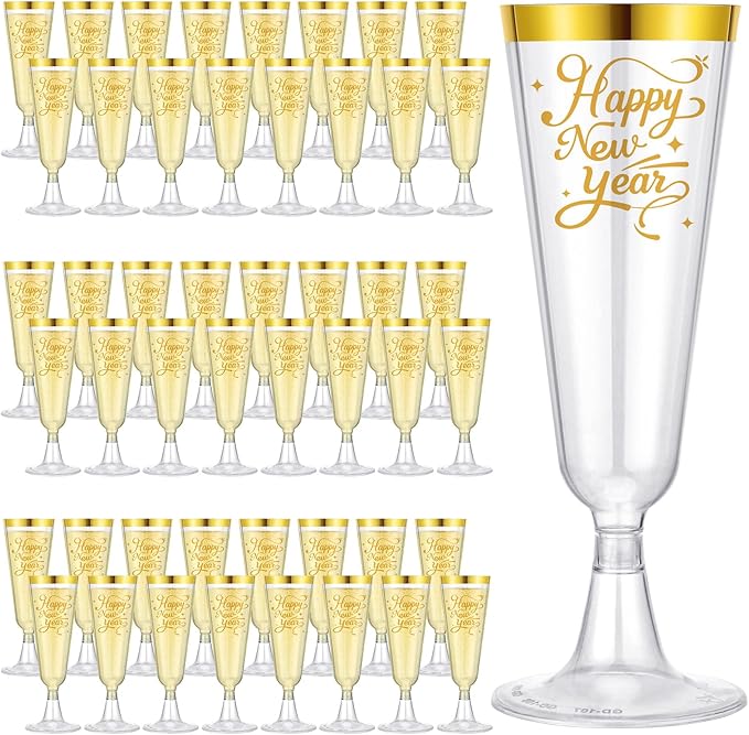 Jingmore 48 Pack 2026 Happy New Year Gold Rimmed Plastic Champagne Flutes Cheer to 2026 Celebration New Years Eve Party Su...