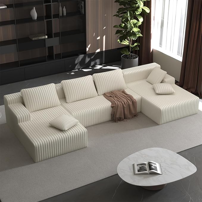 LAUSAINT HOME 132" Modular Sectional Sofa Couches, U-Shaped Boneless Cloud Sofa with 4 Deep Seat, 6 Cushiones Oversized Chaise for Living Room, Bedroom, Plush Corduroy Fabric (U Shaped Sofa, Beige)