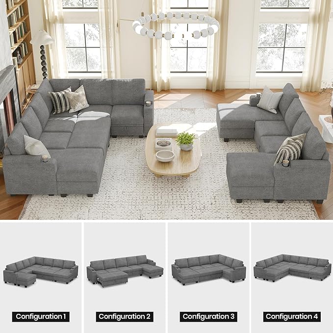 Belffin Modular Sectional Sleeper Sofa Bed with Storage Chaise L Shaped Sectional Couches for Living Room Armrest with Cup Holder. Light Gery Couch
