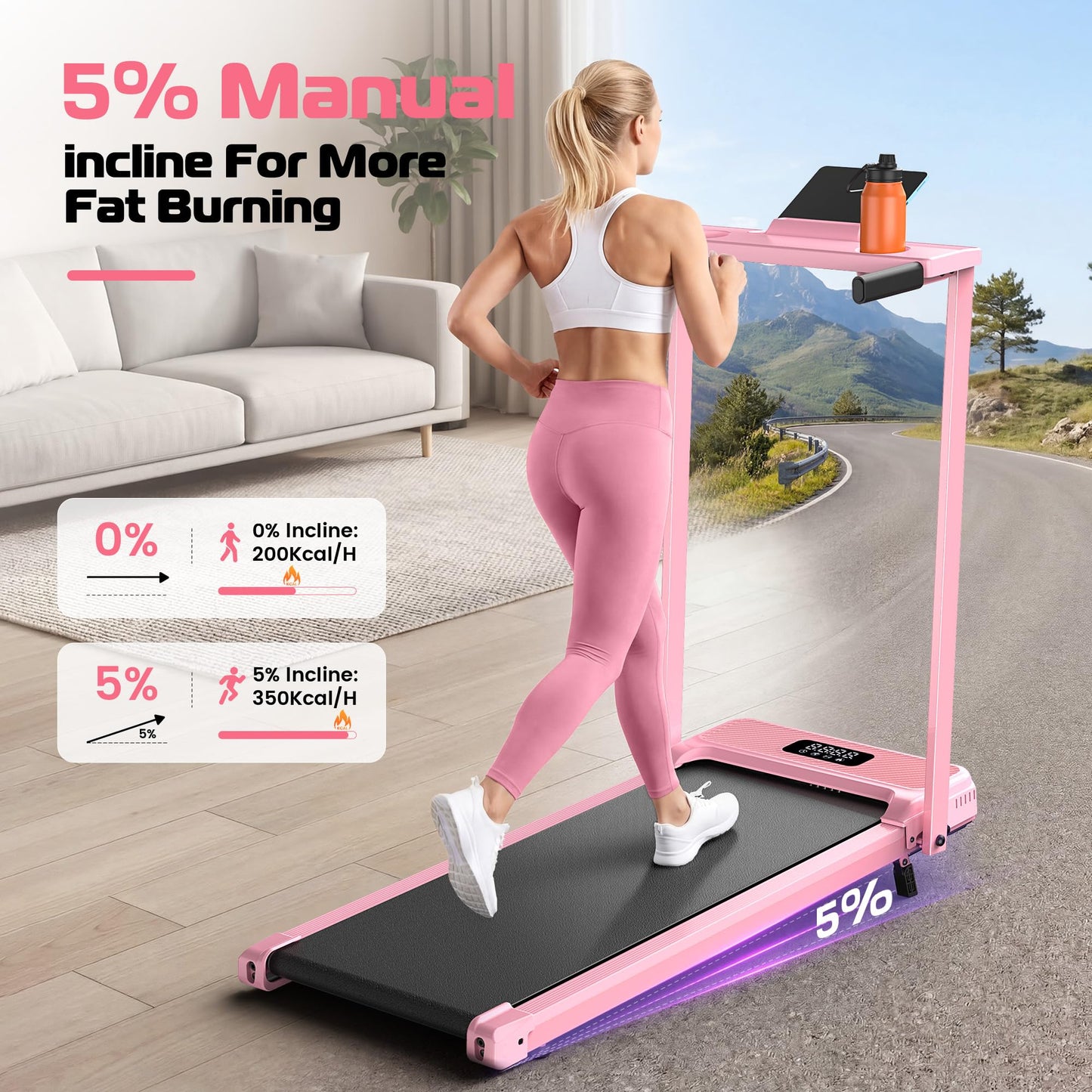 Pink Walking Pad Treadmill with Incline - Foldable Treadmills with Handle Bar, Compact Folding Treadmills for Home Small Spaces, Office, Remote Control & LED Display