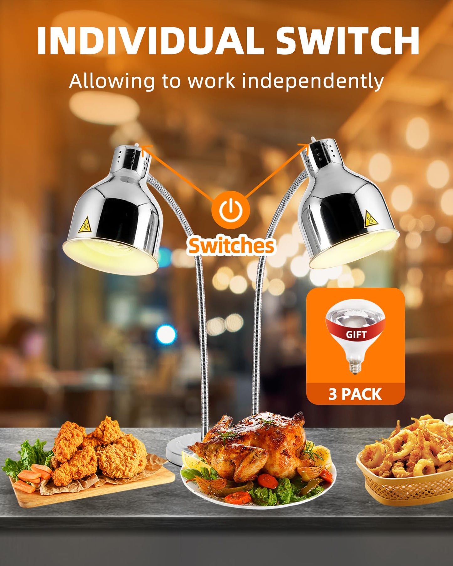 RVGMBO Food Heat Lamp - [3 Bulbs Included] [Rapid-Heating], 500W Commercial Food Warmer Light, Heat Lamp for Food, Catering Warming Lamp for Buffet Parties, Polished Silver,N2
