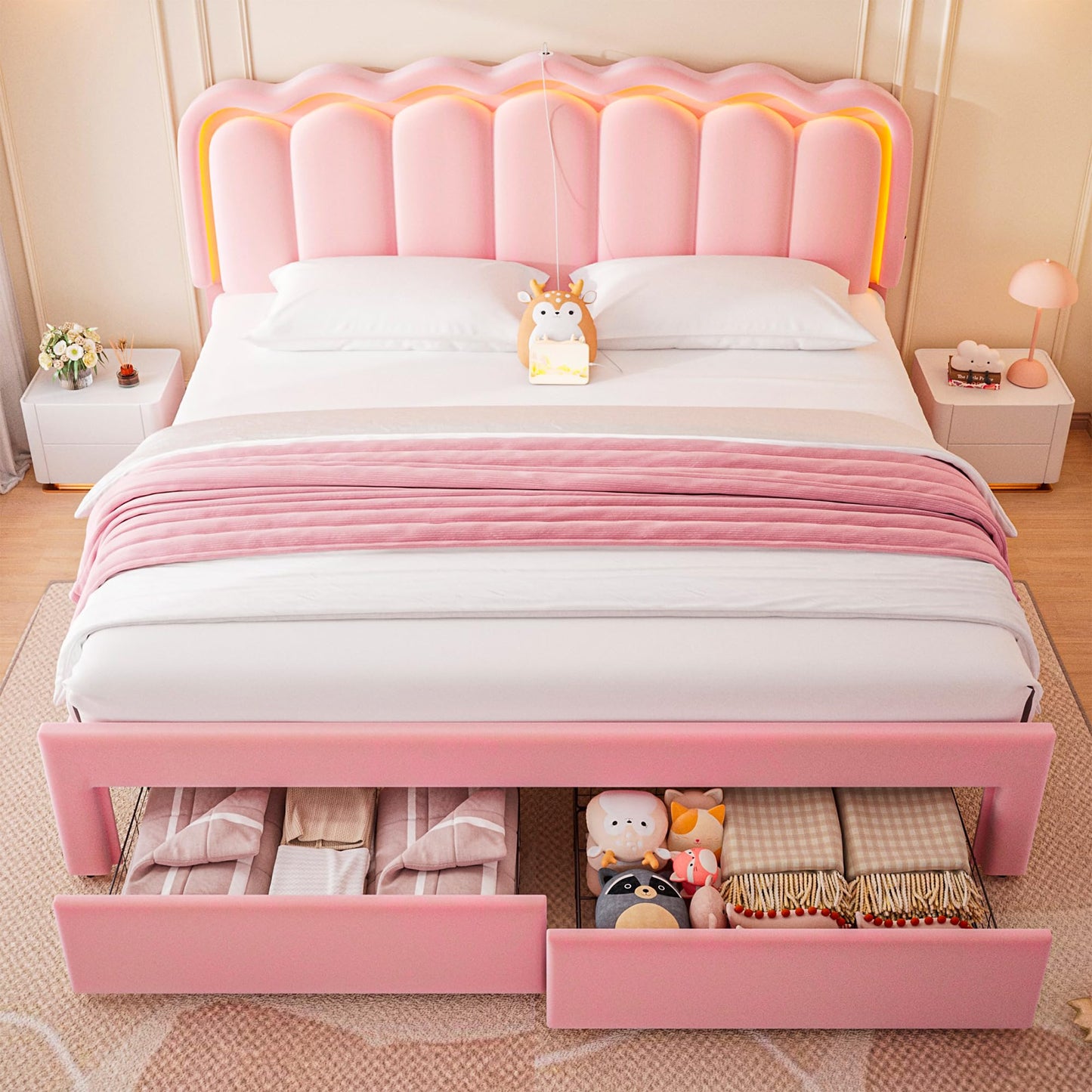 Velvet Upholstered King LED Bed Frame with 2 Storage Drawers and Adjustable Chic Double Wavy Headboard, Princess Platform Bed with Charing Station, Solid Wood Slats Support,No Box Spring Needed,Pink