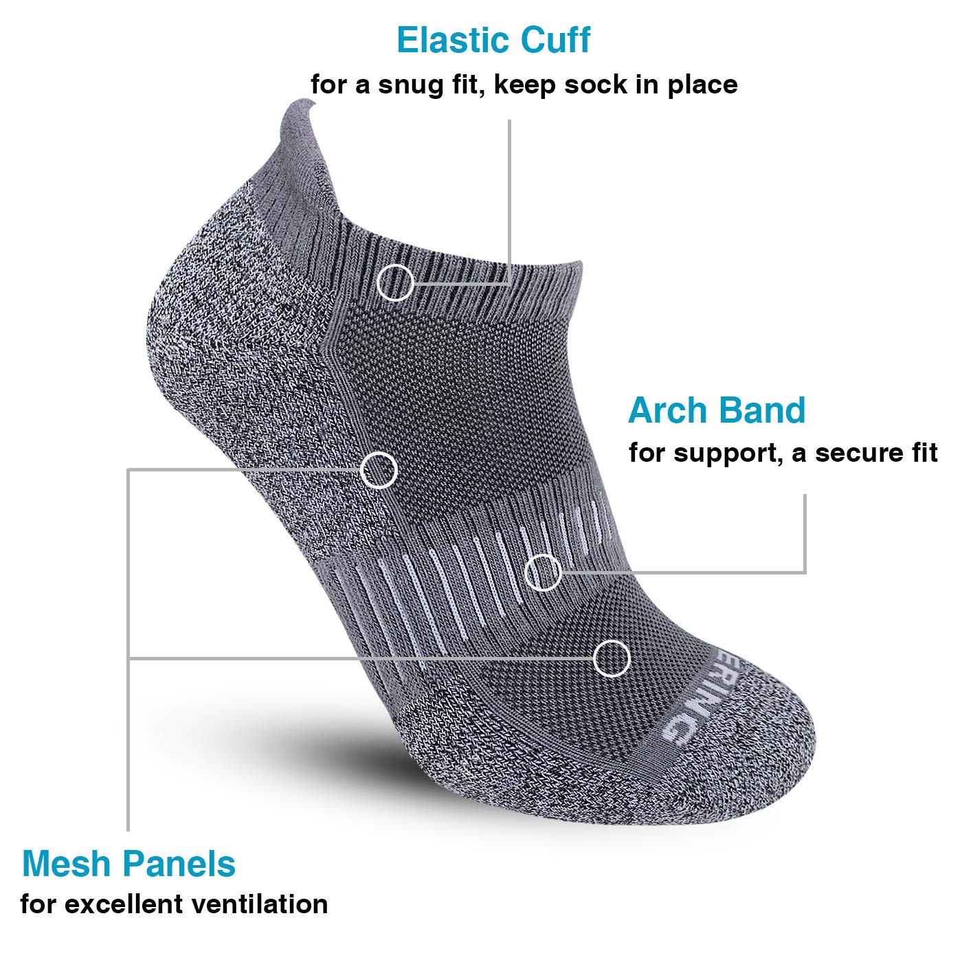 BERING Men's Athletic Running Ankle Socks Cushioned Heel Tab, Size 9-12, Dark Grey, 6 Pairs