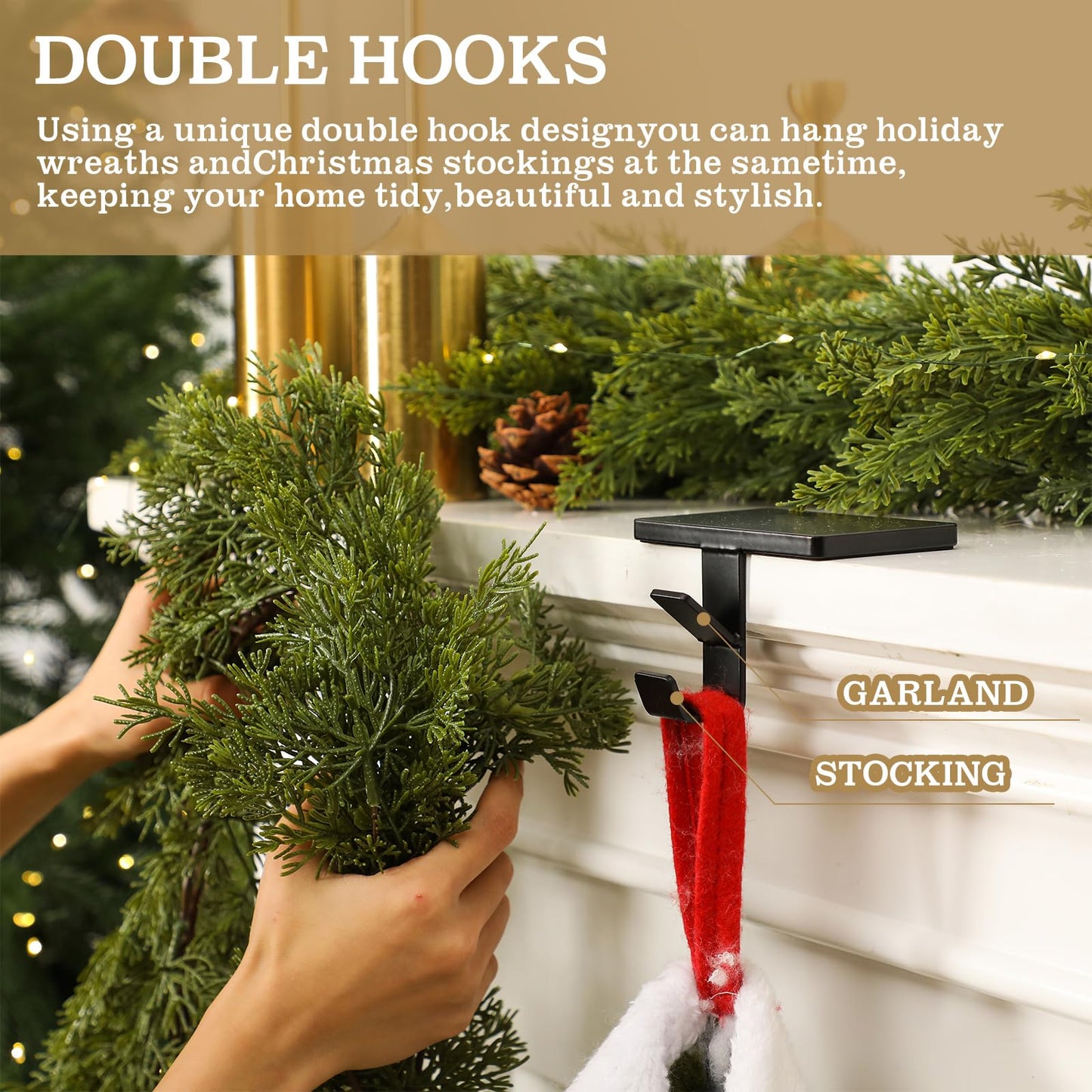 MorningRo 3 Pack 2 in 1 Fireplace Garland and Stocking Hangers Heavy Duty Metal Christmas Stocking Holder for Mantle Headphone Backpack Hooks for Fireplace Tabletop Xmas Decoration (Black)