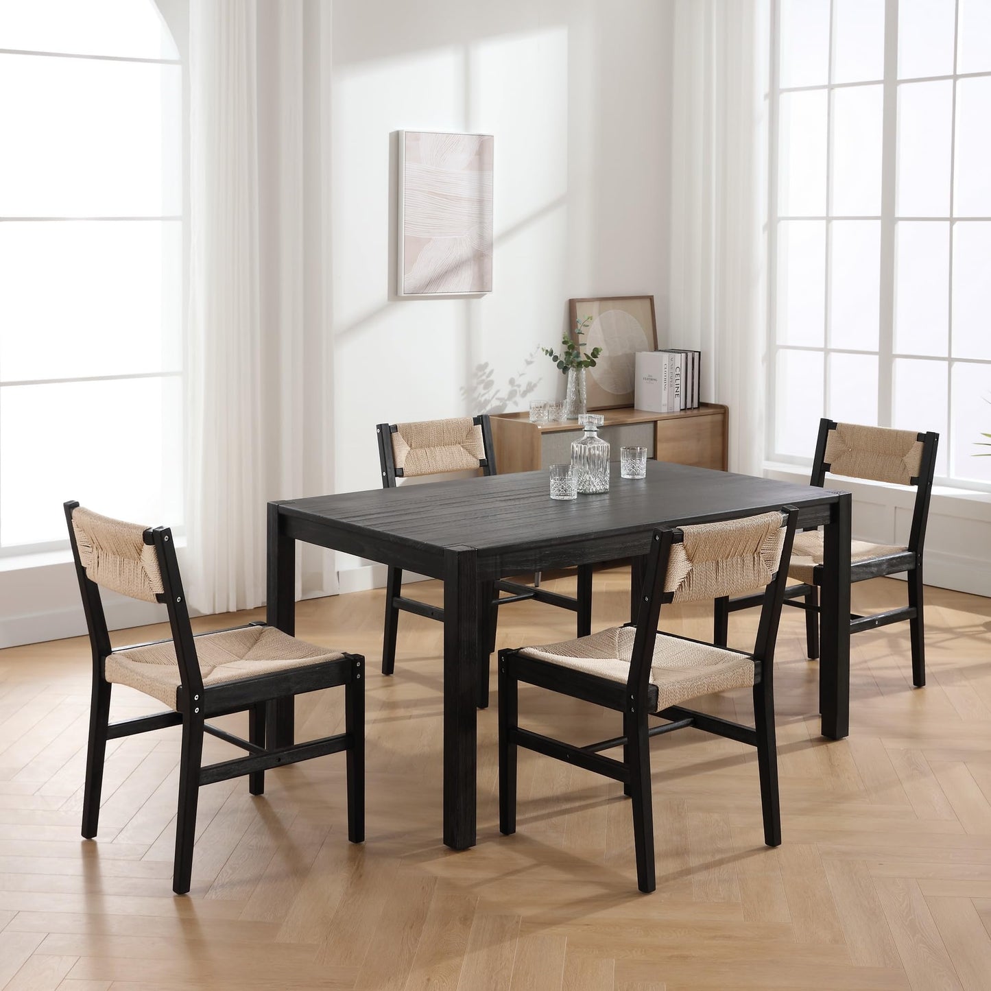 BESTANO Mid Century Modern Weave Rattan Dining Chairs Set of 4, Black Beechwood Farmhouse Boho Dining Room Chairs Wicker Chairs with Back