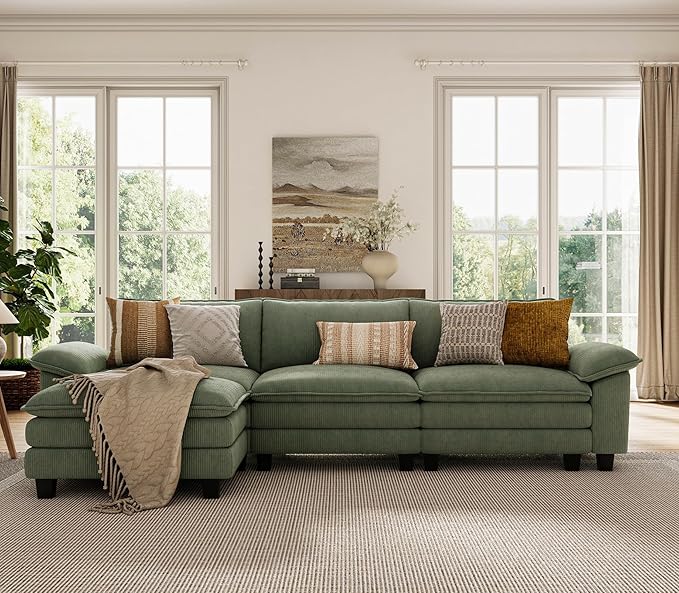 LINSY HOME 123'' Modular Sectional Sofa Green Couch Corduroy Cloud Couches for Living Room, L Shaped Couch with Movable Ottoman, Modern Cloud Sectional Sofas for Bedroom and Apartment, Green
