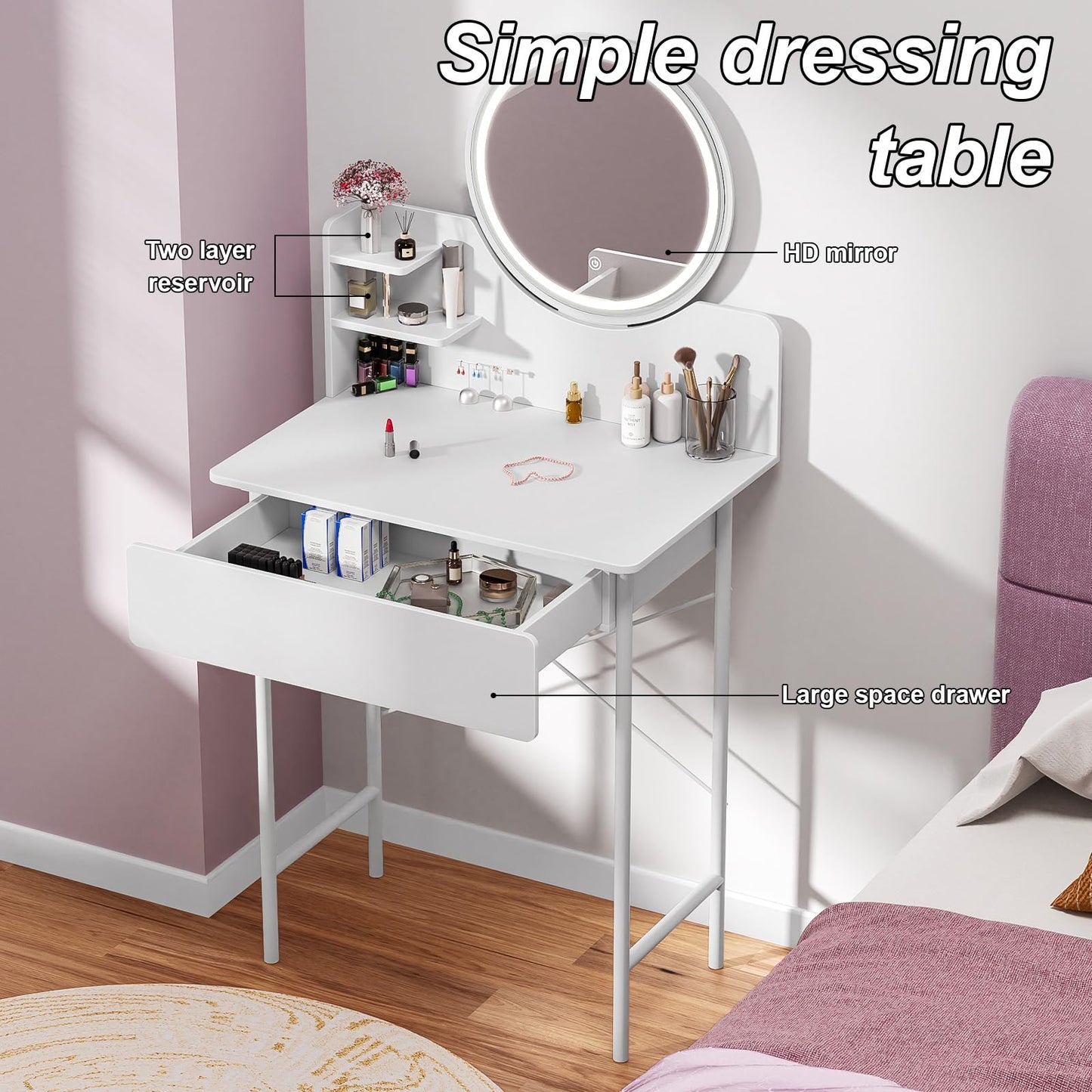 Gryphvex Small Vanity Desk with Mirror and Lights, Makeup Table with 1 Drawer and 2 Opening Shelves, Girls Vanity Dressing Table for Bedroom, 50 Inches Compact Vanities for Small Spaces