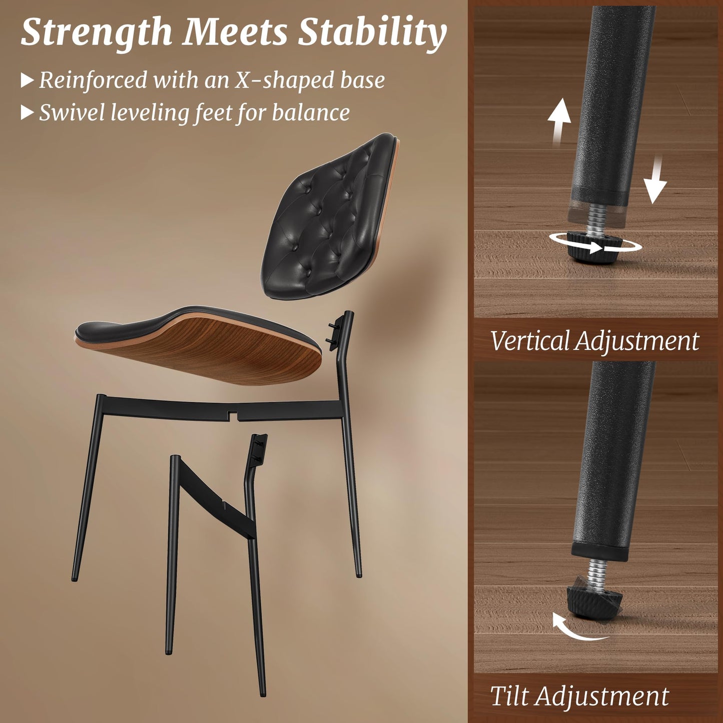 Cozyman Dining Chairs Set of 4, Mid-Century Modern PU Leather Dining Chair with Walnut Bentwood Back and Metal Legs, Upholstered Seat for Kitchen and Dining Room, Black