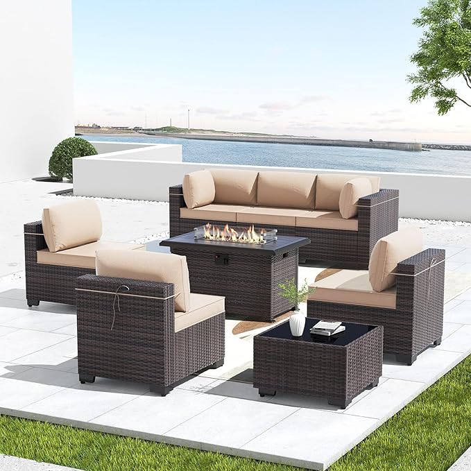 Kullavik 8 Pieces Outdoor Patio Furniture Set,Sectional Sofa Set with 43" 55000 BTU Gas Propane Fire Pit Table,Brown PE Rattan Wicker Patio Conversation Set,Sand