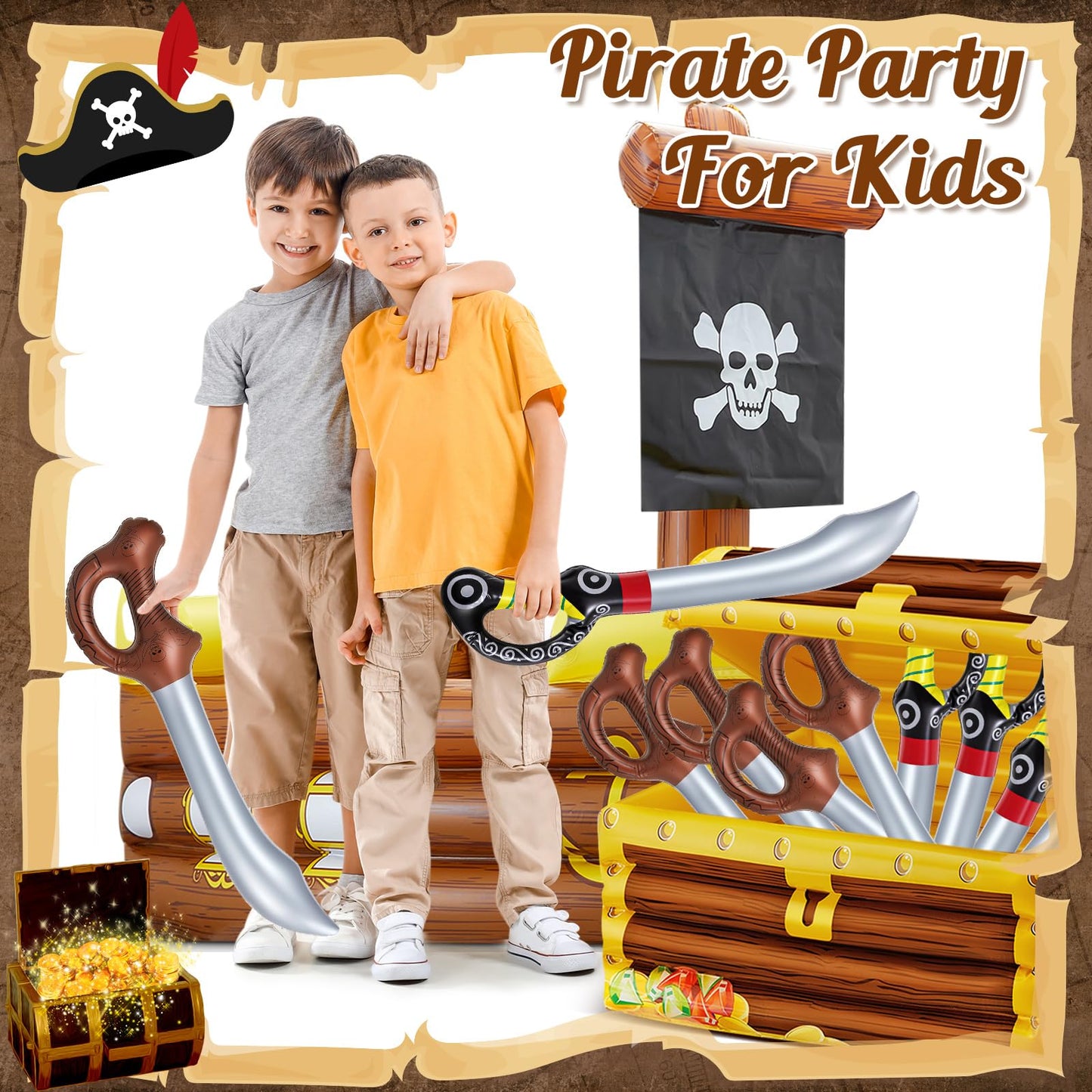 Cunhill 14 Pcs Pirate Party Set Birthday Pirate Party Decoration 1 Pc Funny Inflatable Pirate Ship Drink Cooler 1Pc Blow up Treasure Chest 12 Pcs Kid Sword for Supplies Beverage Serving Container Pool