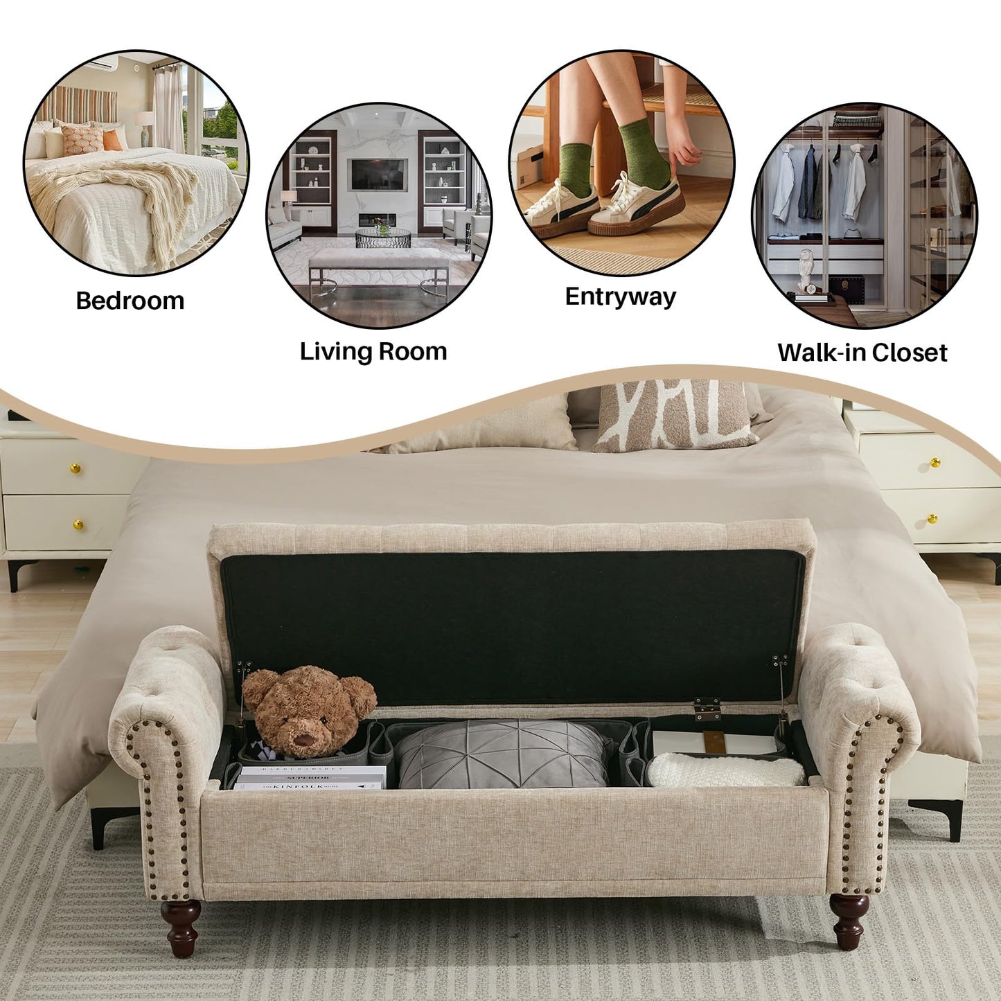 SOFTHION 58.1'' Storage Bench Upholstered Chenille End of Bedroom Bed Bench Ottoman with Tufted Cushioned Rolled Arm Large Storage Space for Reading Living Room Entryway, Light Brown