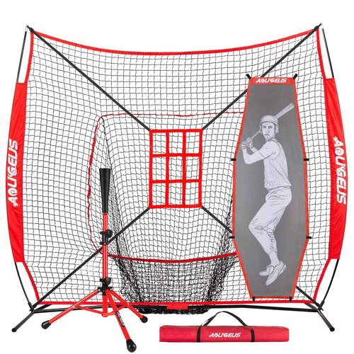 AOLIGEIJS 7'X7' Baseball Softball Practice Net with Tee, Bonus Strike Zone, Bow Frame - Red Net, Tee, Batter Dummy