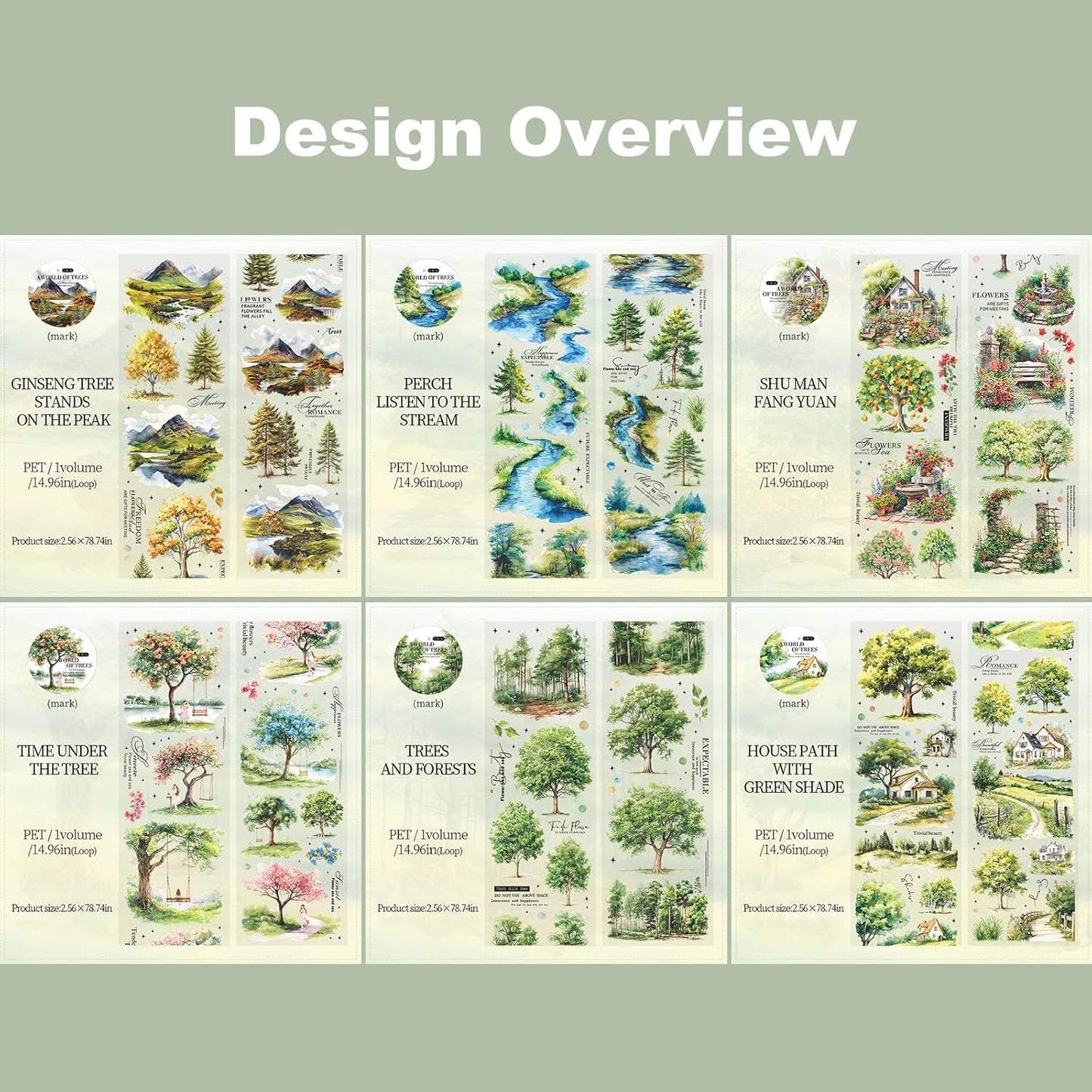Scenery of a Tree PET Tape Set with Clip, 6 Rolls Decorative Landscape Stickers for Scrapbook, Journal and Crafts