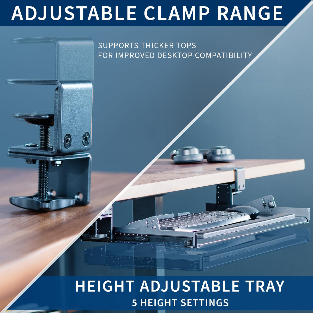 VIVO Premium Large Keyboard Tray with Height Adjustment, Tilt, Extra Sturdy Swivel C-Clamps for Corner Mounting, 27 (34 Including Clamps) x 11 inch Slide-Out Platform, Black, MOUNT-KB05HT