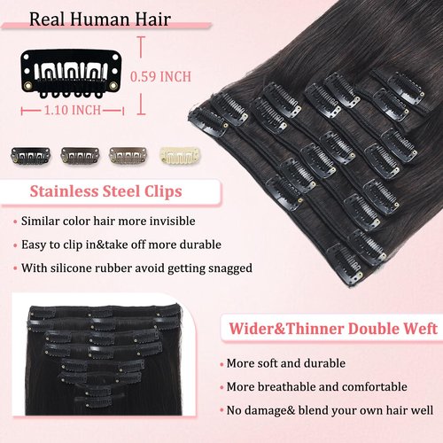 Clip in Hair Extensions Real Human Hair Clip in Extensions for Women Seamless Invisible Natural Black Straight Remy 100% Human Clips ins Extension 8pcs Double Weft 20 inch 3.7oz/105g
