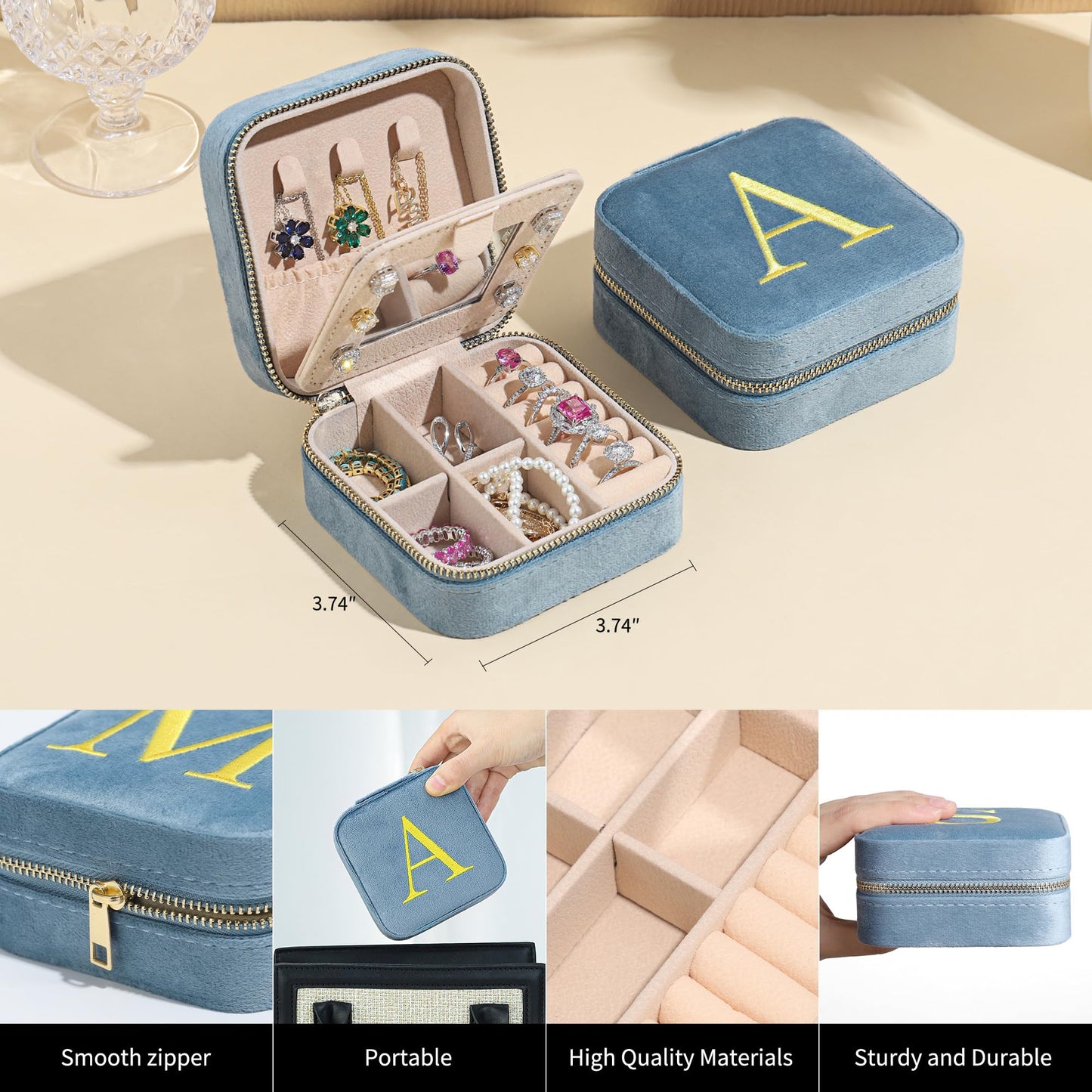 Parima Gifts for Friends Sister - Gifts for Women, Plush Velvet Jewelry Case, Personalized Gifts, Small Jewelry Case Jewelry Box, Women Mom Friends Birthday Gifts Idea - Letter A, Blue