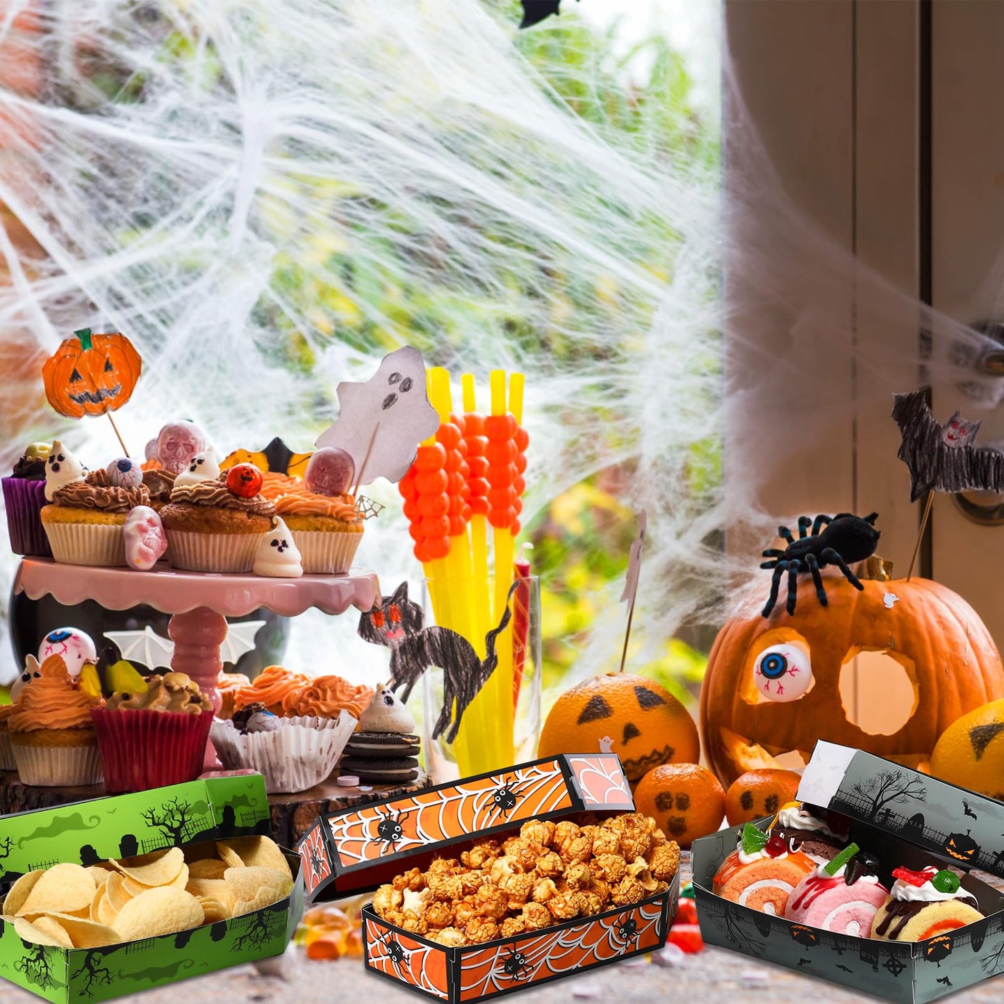 Suttmin 48 Pcs Happy Halloween Paper Trays Disposable Halloween Coffin Boxes Trays Treat Serving Basket Disposable Snack Food Treat Hamburger Holder Party Decoration Supplies