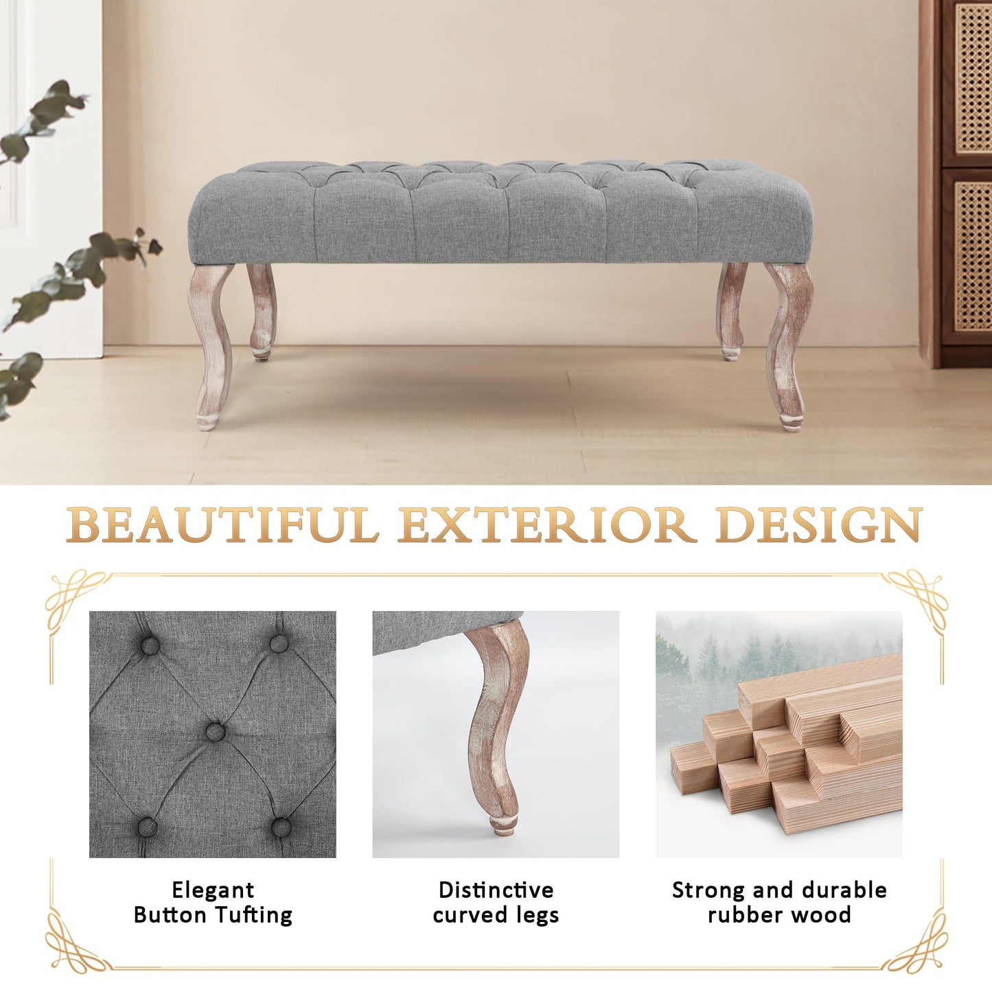 DAGONHIL Bedroom End of Bed Bench Entryway Footstool Window Bench Button-Tufted Footrest Vintage Bench Fabric Rubber Wood Indoor Bench Gray