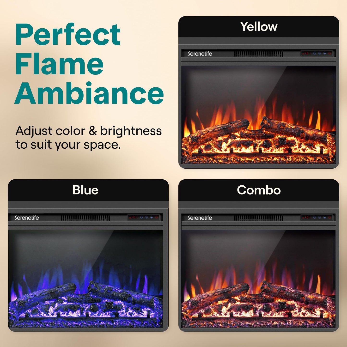 SereneLife Electric Fireplace Insert with Heater | Smart Wi-Fi App Control & Remote | 700W/1500W Adjustable Thermostat with Overheat Protection | 29"x21" Recessed or Wall Mount Design