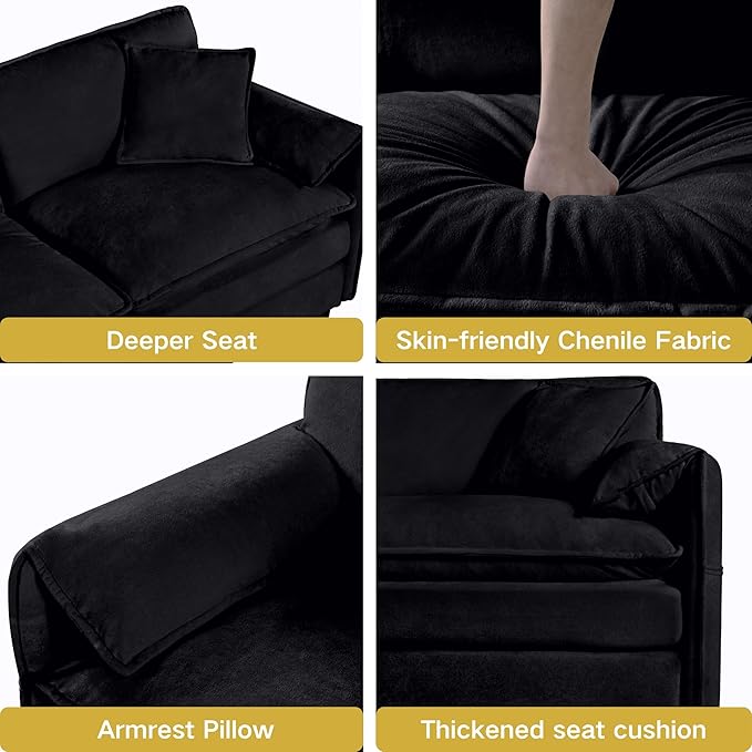 RENDGO 143" Modular Sectional Sofa, Chenille Cloud Couch for Living Rooms & Apartment, Deep Seat Comfort, Flexible U-Shape Combination Sofa for Family Guest Rooms,2 Ottoman,Black