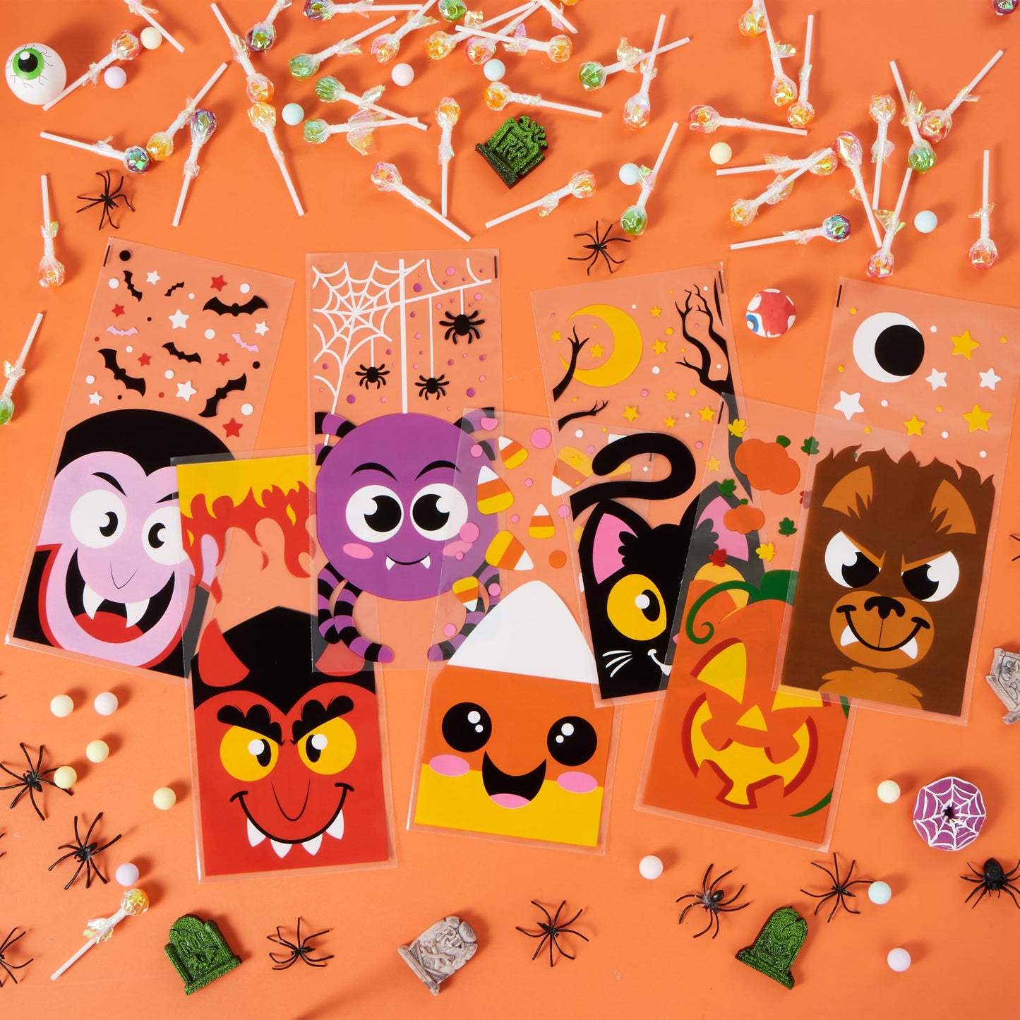 JOYIN 108 Pcs Halloween Cellophane Bags for Sweet Candy Treat, Goodie Gift Bags Bulk with Twist Tie for Kids Trick or Treating, Halloween Day Table Decor and Party Favor Supplies in 12 Designs