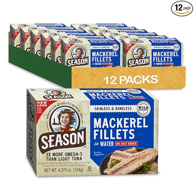 Season Mackerel in Water - Skinless & Boneless, No Salt Added, Wild Caught, Keto Snacks, Canned Mackerel Fillets, Full of ...
