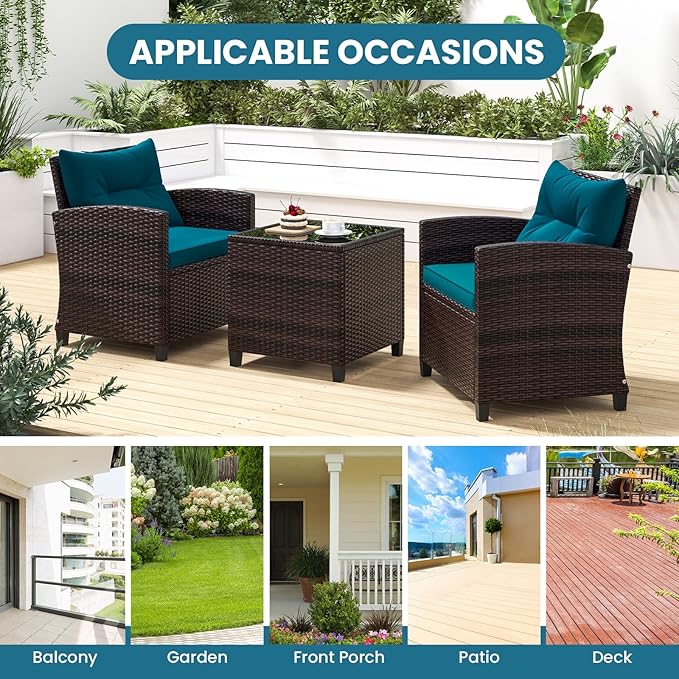 ORALNER 3 Pieces Patio Furniture Set, Outdoor Wicker Conversation Set Rattan Chairs with Cushions, Glass Coffee Table, Bistro Set for Front Porch Balcony Garden Deck Poolside (Peacock Blue)