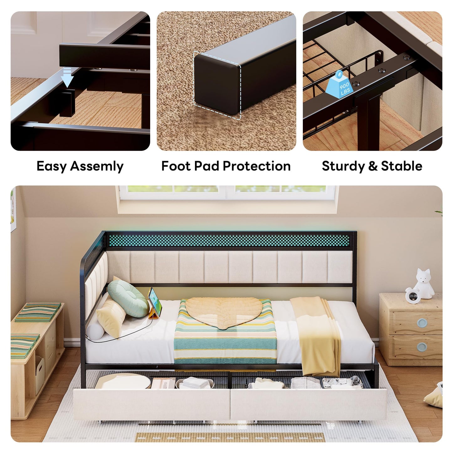 LIKIMIO Twin Corner Bed Frame with Storage Drawers and Charging Station, Modern Twin Daybed with LED Lights and Upholstered Guardrail, Beige