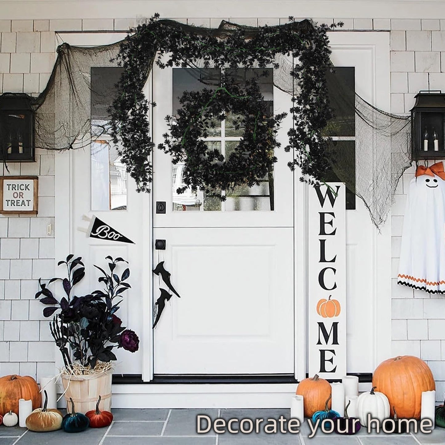 RECUTMS Black Artificial Flowers Black Eucalyptus Garlands Halloween Garland Black Leaf Garland with Flowers Fake Floral Greenery for Halloween Party Decor Home Backdrop Wall Fall Decor(Black)
