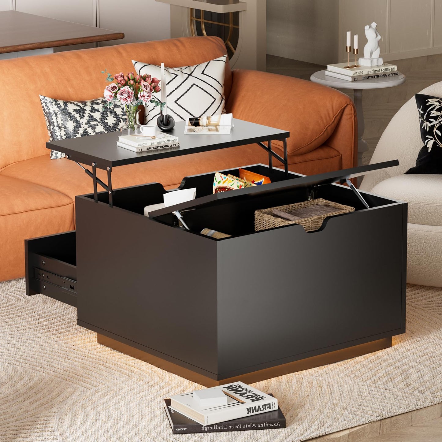 Etemnozon Lift Top LED Coffee Table with Storage,31.5" High Gloss Square Coffee Table with Large Hidden Storage, Living Room Table Wood Center Table for Living Room Home Office,Black