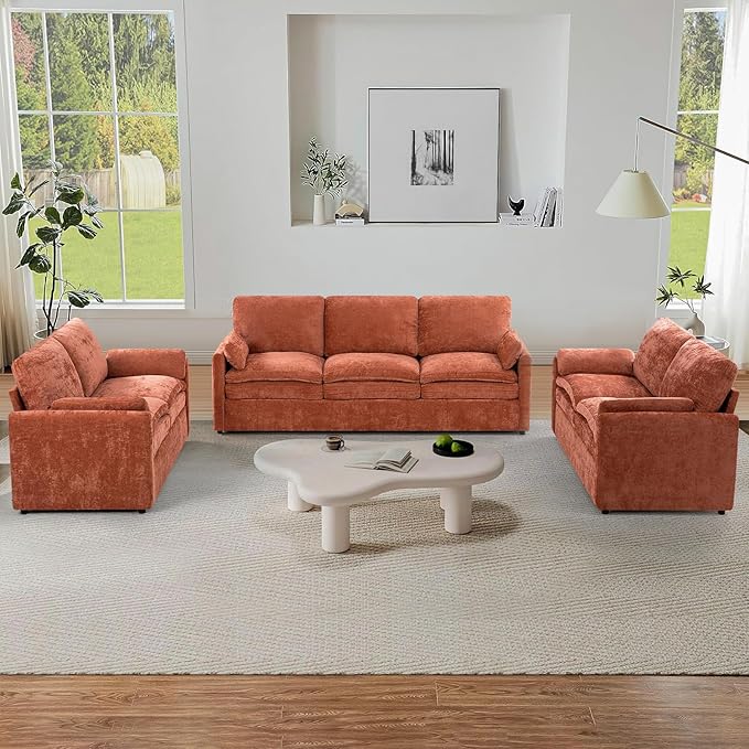 ACMEASE 3 Pieces Chenille Sofa Set w/Arm Pillows, Upholstered 2 Pieces Loveseat & 3 Seater Sofa w/Comfortable Back Cushions, Modern 2-Seat & 3-Seat w/High-Density Foam for Living Room, Orange