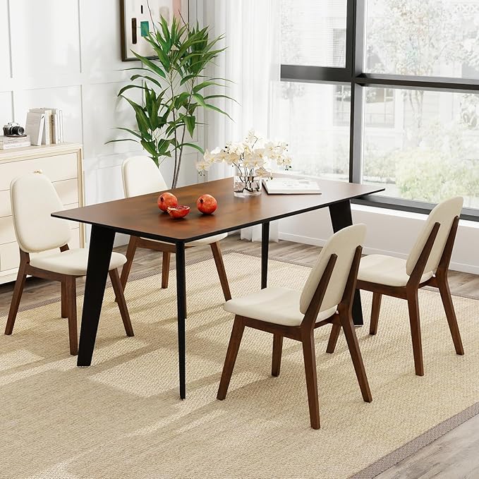 Giantex Wooden Dining Chairs Set of 4, Linen Fabric Upholstered Dining Room Chairs w/Rubber Wood Frame, Padded Seat, Curved Back, Mid-Century Modern Kitchen Side Chair for Home Living Room
