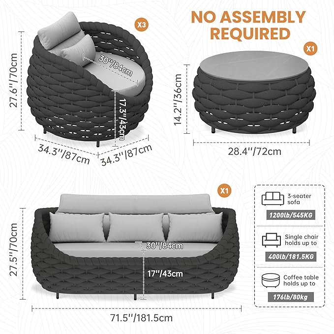 Erotr Aluminum Woven Rope Patio Furniture Set: 5 Pieces Assembled Outdoor Conversation Sofa Set for 6 - Modern Metal Couch Set Cushioned - All Weather Porch Seating for Deck Garden Lanai Hotel Resort