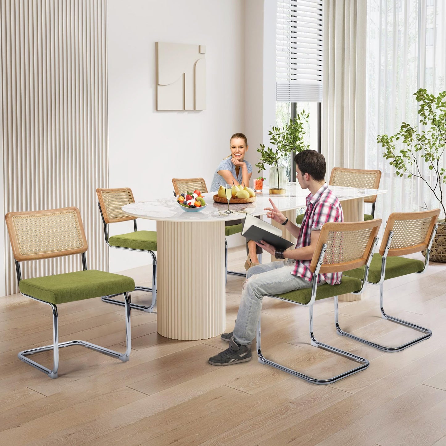 KROFEM Modern Cesca Cane Dining Chairs, Set of 4, Handwoven Rattan Cane Back, Chrome Base, Upholstered Cotton Seat, Ideal for Kitchen or Dining Room, Green
