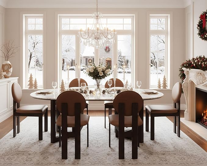 Modern Wood Dining Chairs Set of 2, Farmhouse Brown Faux Leather Kitchen Chairs with Round Back & Walnut Legs, Mid-Century Armless Upholstered Accent Chairs for Dining Room/Living Room/Restaurant