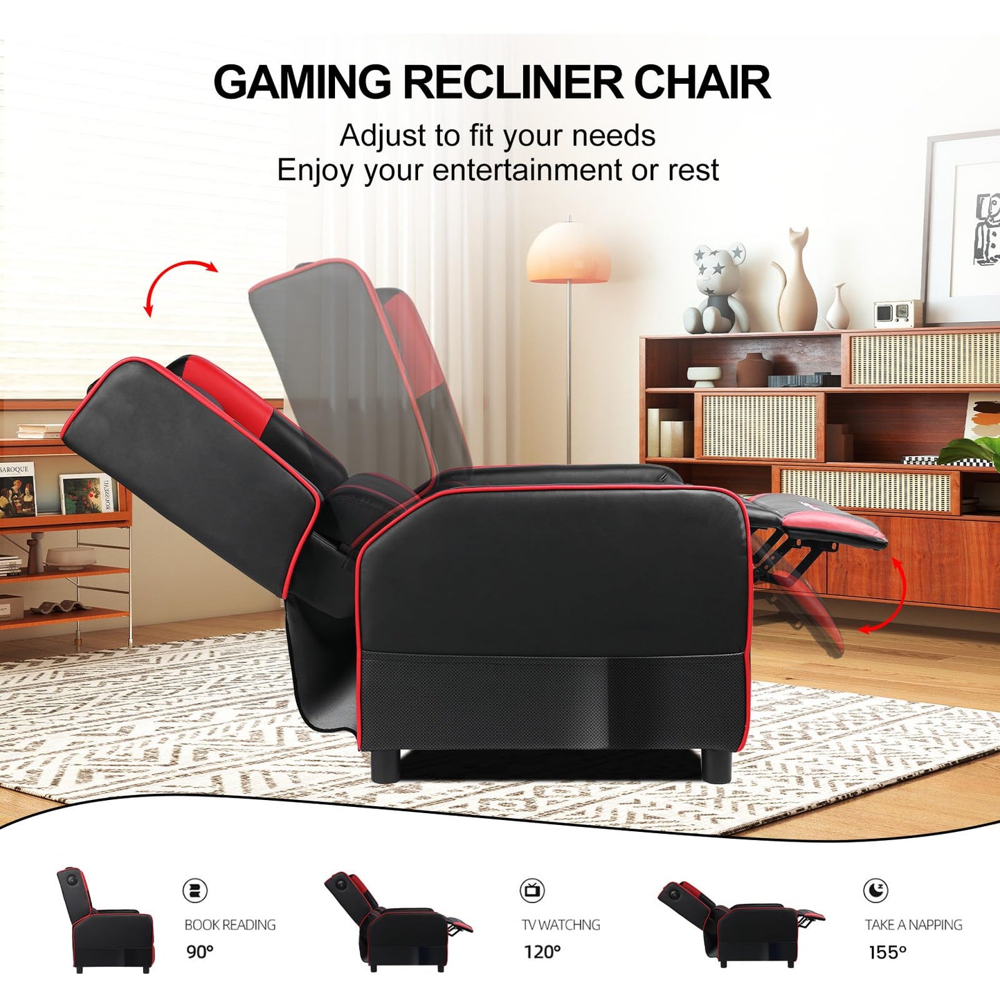 GTPLAYER Gaming Recliner Chair for Living Room Racing Style Single PU Leather Gaming Sofa for Adults Modern Game Recliners Ergonomic Comfortable Home Theater Seating, Red