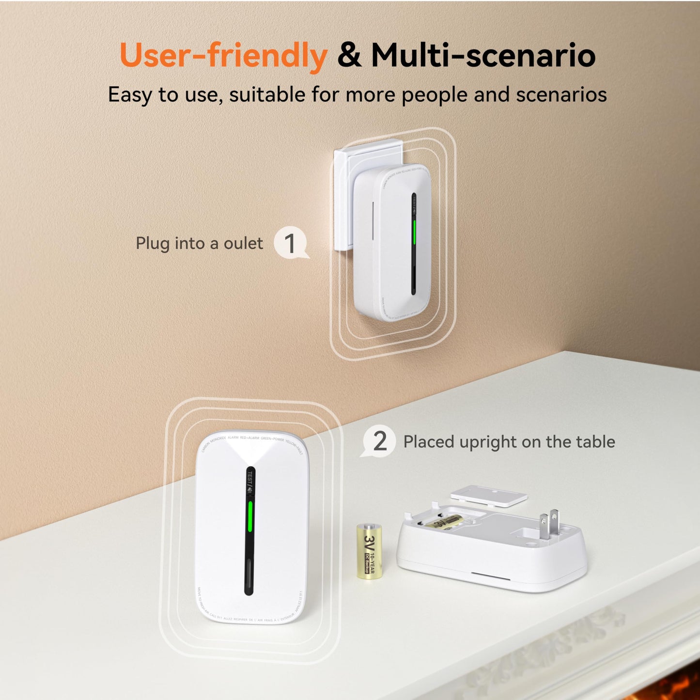 Jemay Carbon Monoxide Detector Plug-in,10-Year Battery CO Alarm with Electrochemical Sensor & Breathing Light, Loud Sound Warning, Portable CO Monitor for Home Office RV Travel Hotel, 2 Packs