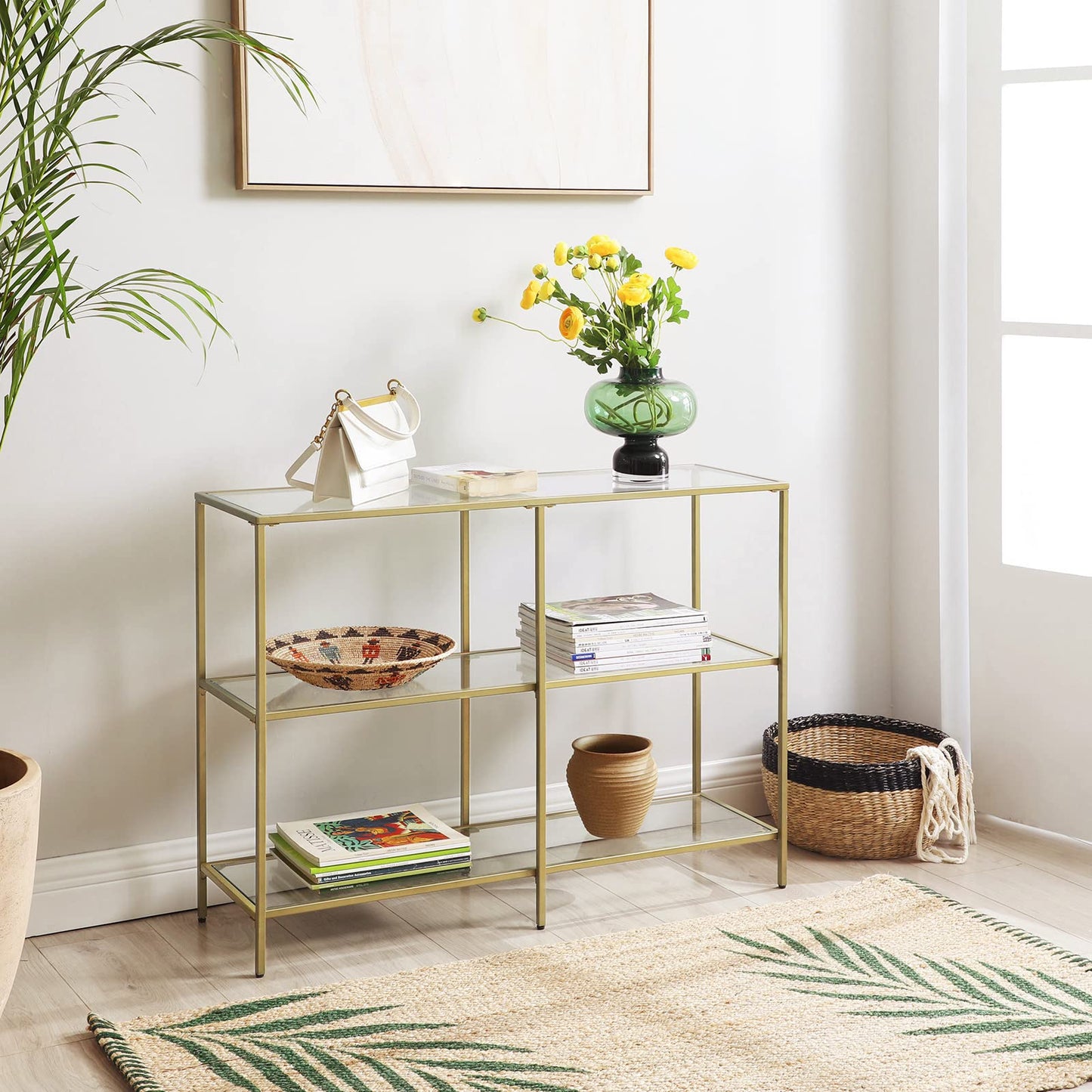 VASAGLE 39.4 Inch Console Table with 3 Shelves, Sofa Tables, Modern Entryway Table, Metal Frame, Tempered Glass Shelf, Entryway Living Room Bedroom, Metallic Gold and Transparent ULGT27G
