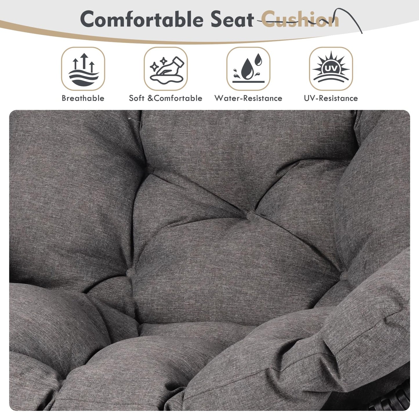 Double Hanging Egg Chair with Stand for Outdoor, Oversized 2 Person Wicker Rattan Swing Chair w/Convertible Armrest for Reclining Seat, All-Weather Cushion and Heavy Duty Frame, 700Lbs Cap. (Grey)