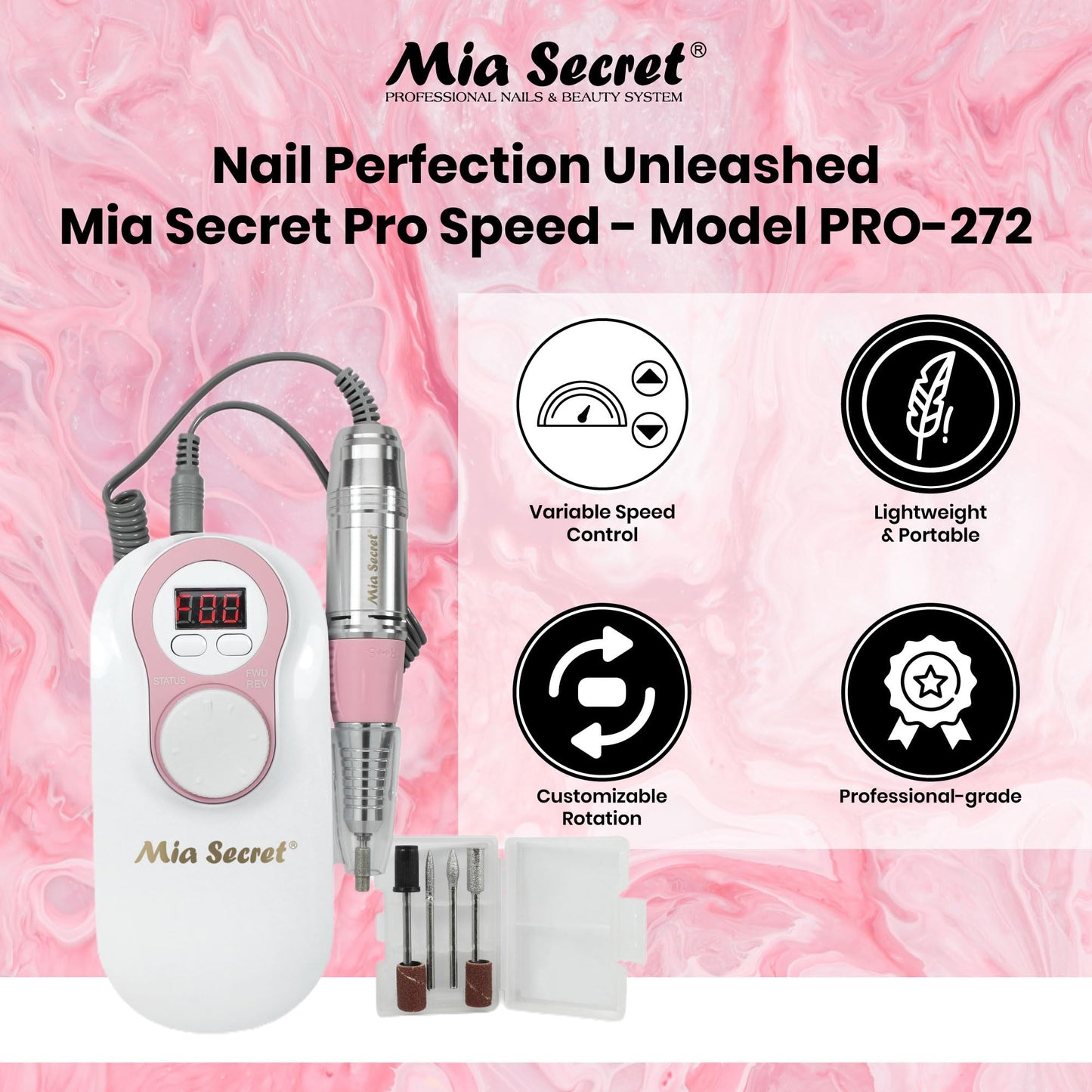 Mia Secret - 272 - PROFESSIONAL Pro-Speed Portable Rechargable Nail Drill - White & Pink NEW ITEM !
