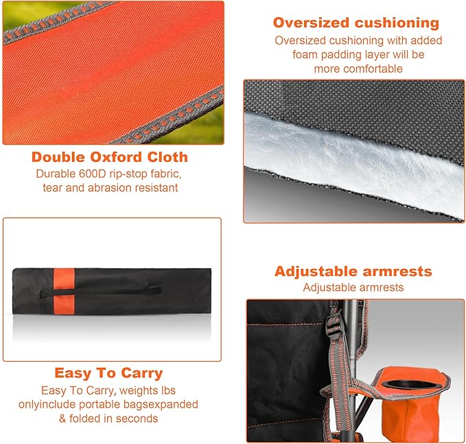 LANMOUNTAIN 2 Pack Padded Oversized Camping Chairs for Adults,Heavy Duty Support 400 Lbs,Folding Portable Lawn Chair w/Cup Holder,Cooler Bag,Side Pocket,Perfect for Outdoor Picnic,Hiking(Orange&Blue)