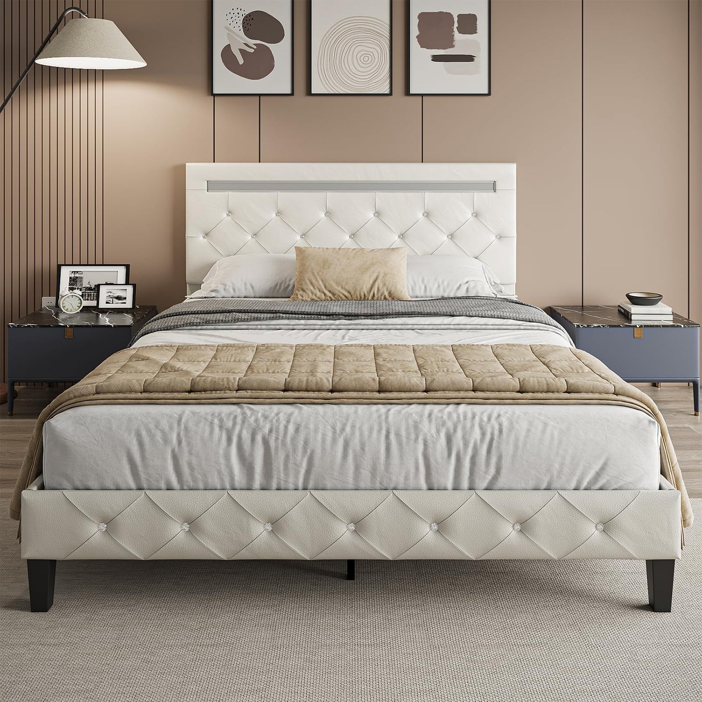 Benevika Full Size Bed Frame with LED Lights, Upholstered Platform Bed Frame, Adjustable Headboard with Charging Station, Wooden Slats Support, Easy Assembly, No Box Spring Needed, White
