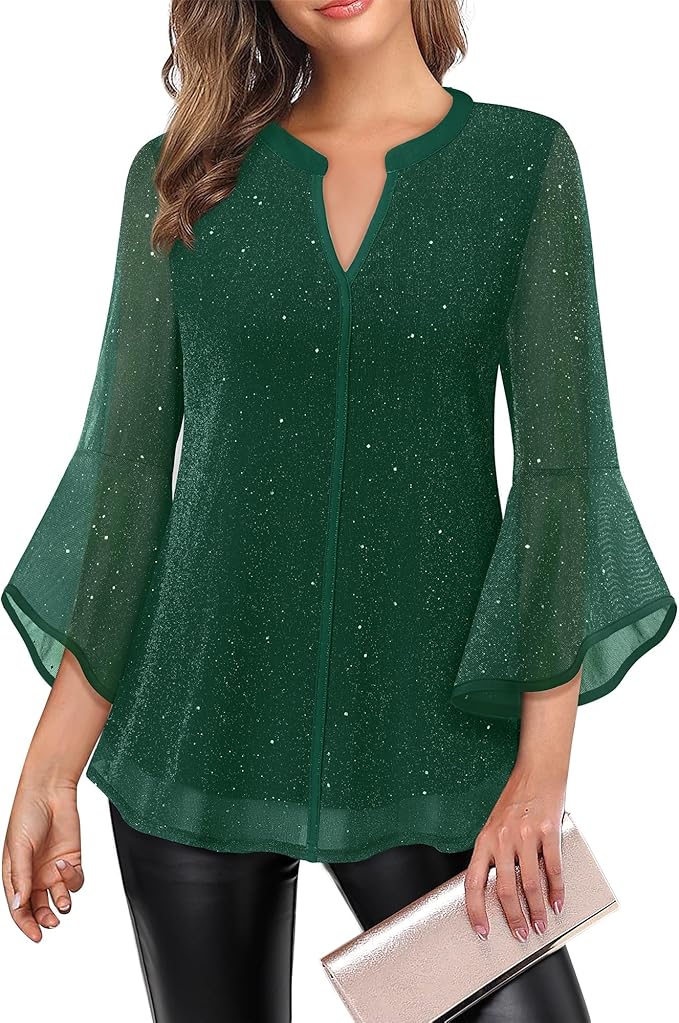 VALOLIA Women's 3/4 Sleeve Dressy Blouses Shirts Casual Loose Fit Mesh Layered Flowy Tunic Tops