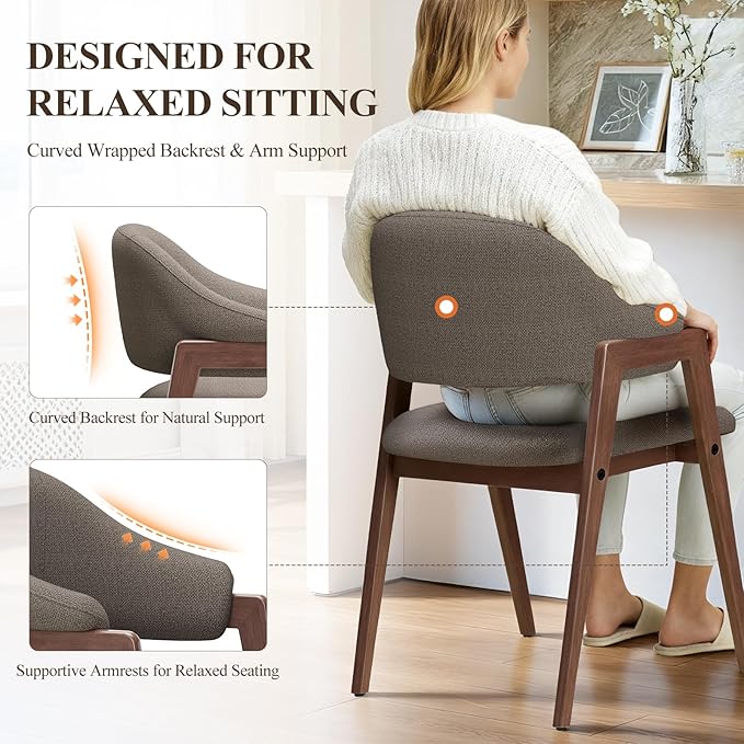 MALOL Wooden Dining Chairs Set of 6, Modern Fabric Upholstered Dining Room Chair, Kitchen Side Chairs, Farmhouse Dinner Chair with Curved Open Back for Kitchen, Camel